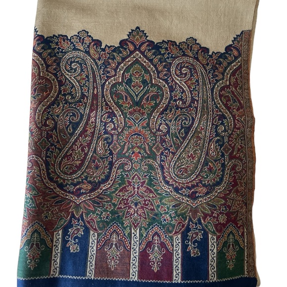 New Beige and Blue printed shawl- Silk-Cotton-Wool - Picture 7 of 9